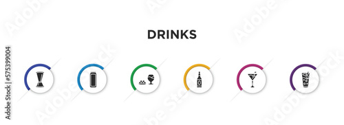 drinks filled icons with infographic template. glyph icons such as jigger, energy drink, ham, alcohol, 007 martini, mint julep vector.