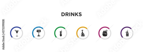 drinks filled icons with infographic template. glyph icons such as margarita, martinez, ramos gin fizz, cognac, pisco sour, smoothie vector.