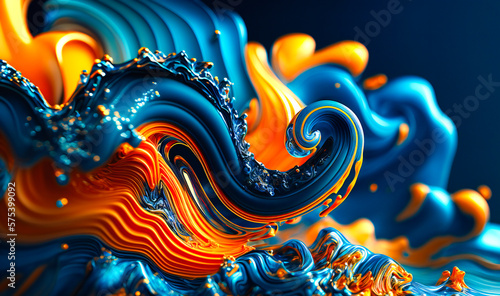 A dynamic blend of cool blues and warm oranges, featuring sweeping arcs and swirls that evoke the motion of ocean waves