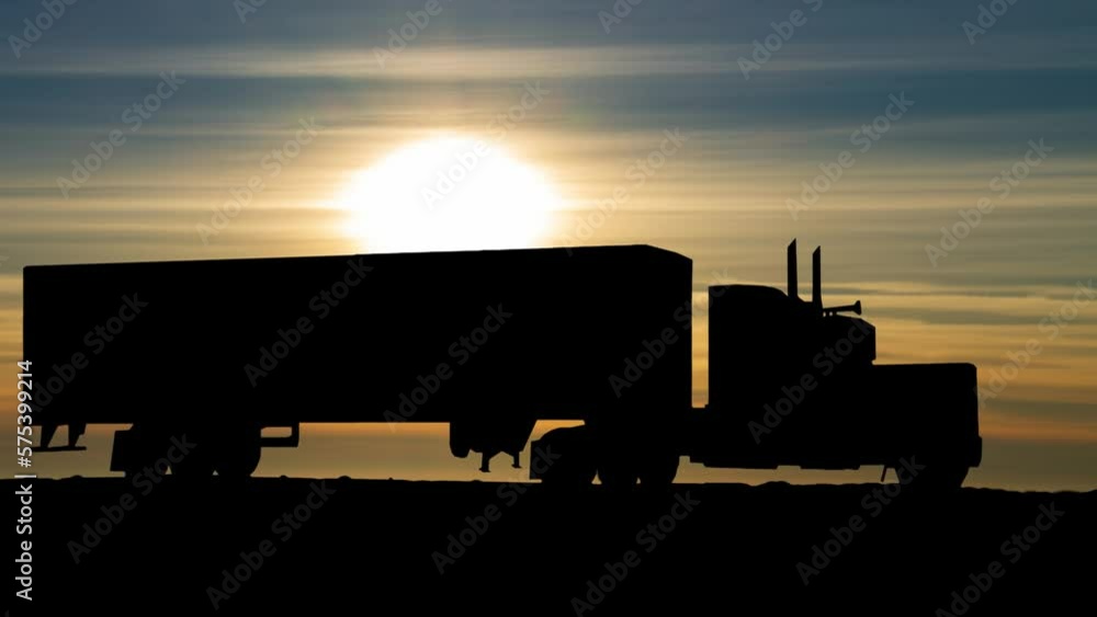 Semi Truck Commercial Cargo on Road at Sunset, Time Lapse with Colorful Clouds, USA Semi Truck Commercial Cargo on Road at Sunset, Time Lapse with Colorful Clouds, USA