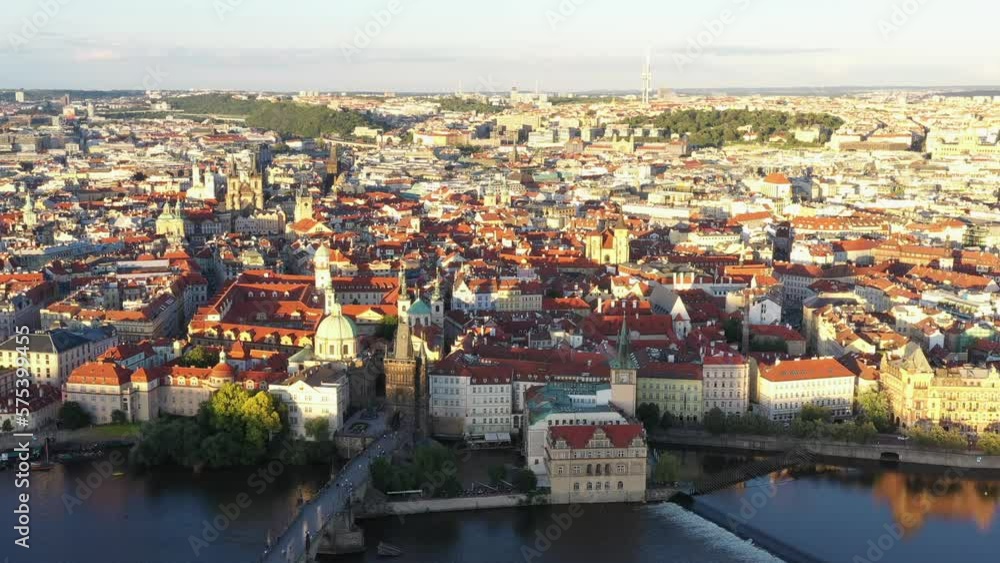 Prague Old Town in Czech Republic with Famous Sightseeing Places in Background. Charles Bridge Iconic 14th century Structure with View, Vltava river and Prague Cityscape. Must Visit City. Drone Prague Old Town in Czech Republic with Famous Sightseeing Places in Background. Charles Bridge Iconic 14th century Structure with View, Vltava river and Prague Cityscape. Must Visit City. Drone