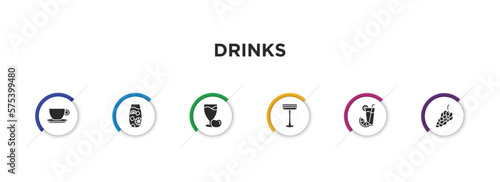 drinks filled icons with infographic template. glyph icons such as espresso, tom collins, juice, irish sour, greyhound drink, bunch of grapes vector.