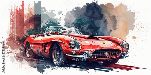 Red Sports Car Watercolor Painting, Generative AI