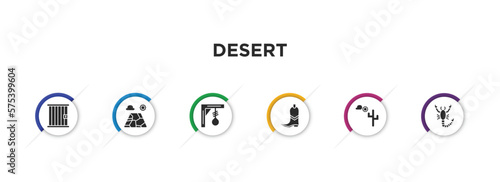 desert filled icons with infographic template. glyph icons such as jail, salty desert, gibbet, far west boot, desert landscape, scorpion vector.