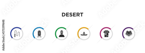 desert filled icons with infographic template. glyph icons such as whip, hiero, bandit, mexican hat, salon, poncho vector.