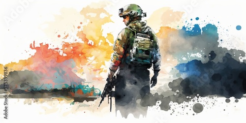 Warzone Soldier Watercolor Painting, Generative AI