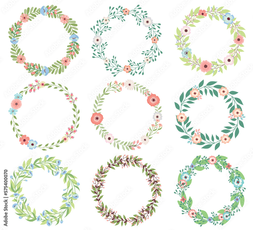 Set of floral elements. Floral wreaths.