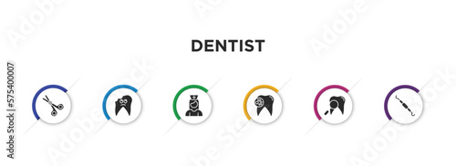 dentist filled icons with infographic template. glyph icons such as dentist scissors, cavities, male nurse, bacteria in mouth, dentist, periodontal scaler vector.