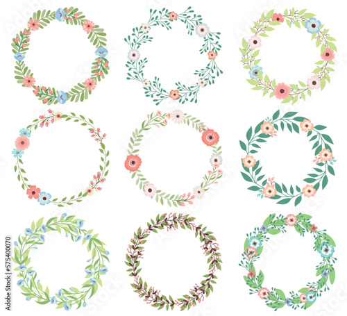 Set of floral elements. Floral wreaths.