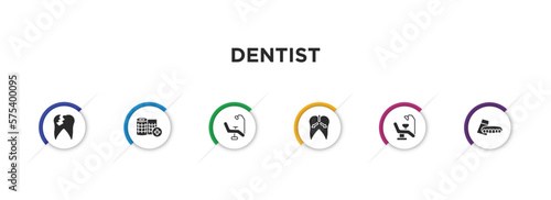 dentist filled icons with infographic template. glyph icons such as damaged tooth, gauze, dental chair, intraoral, dentist chair, denture vector.