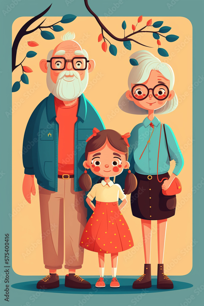 Cute children character and parents, grandparents, pet, family, cartoon, paint, for Children's Books - Generative AI