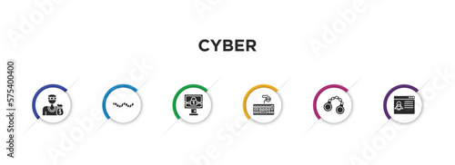 cyber filled icons with infographic template. glyph icons such as theft, worm, ransomware, keylogger, crime, dos attack vector.