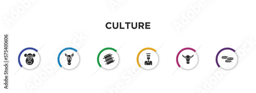 culture filled icons with infographic template. glyph icons such as chimp face of brazil, horse head, pork ribs, nefertiti, skull of a bull, mantecados vector.