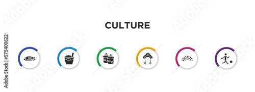 culture filled icons with infographic template. glyph icons such as cantonese fish, rice pudding, indian village, kokoshnik, indian headdress, brazil soccer player vector.