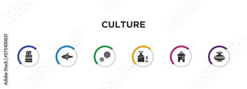 culture filled icons with infographic template. glyph icons such as turron, marine fish, ajotomate, orujo, mud hut, native american pot vector.