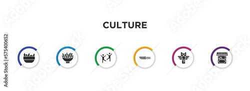 culture filled icons with infographic template. glyph icons such as sweet and sour pork, beef and garlic, capoeira brazil dancers, knife in sheath, native american totem, food stall vector.