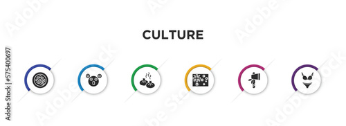 culture filled icons with infographic template. glyph icons such as fabada, australian koala, steamed bread, australian flag, native american axes, female bikini piece vector.