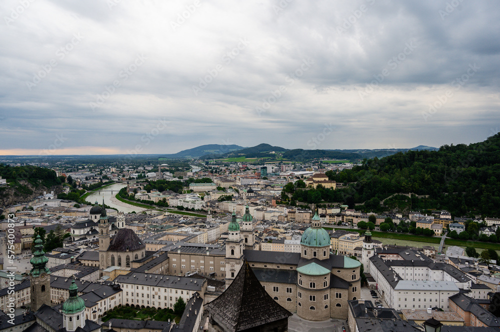 Beautiful view of Salzburg skyline with Festung Hohensalzburg and Salzach river in summer, Salzburg,Austria