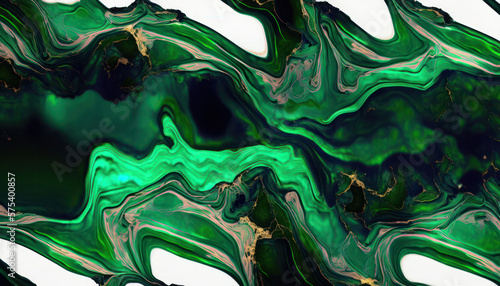 abstract background, green, white and gold acrylic liquid artistic paints.Generative AI