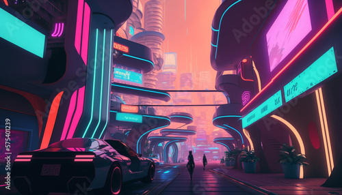 Futuristic metaverse world with neon lighting, AI Generative
 photo