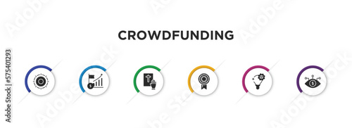 crowdfunding filled icons with infographic template. glyph icons such as gif, ipo, pledge, reward, creator, bionic contact lens vector.