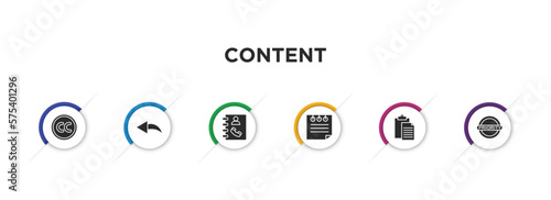 content filled icons with infographic template. glyph icons such as creative commons, reply, phone book, note, paste, priority vector.