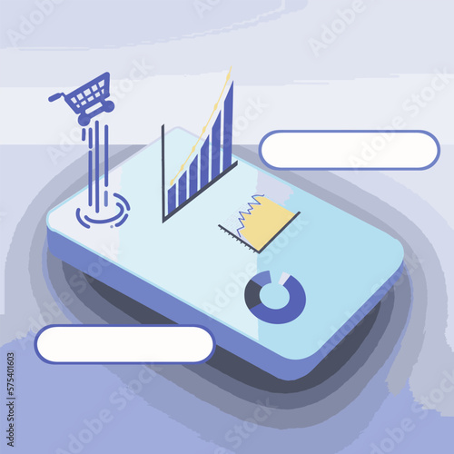 smartphone with messages bubbles, shopping cart, chart, and business data on the screen, mobile phone mock-up with data on the screen, chat bubbles, and smartphone mock-up for business advertisement.