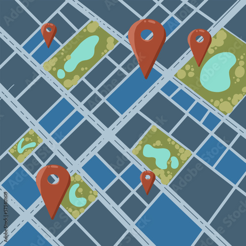 city map with pin icon in top view. Navigation map with pin, green park and block of city top view. GPS map with pin. City block map in flat illustration style.