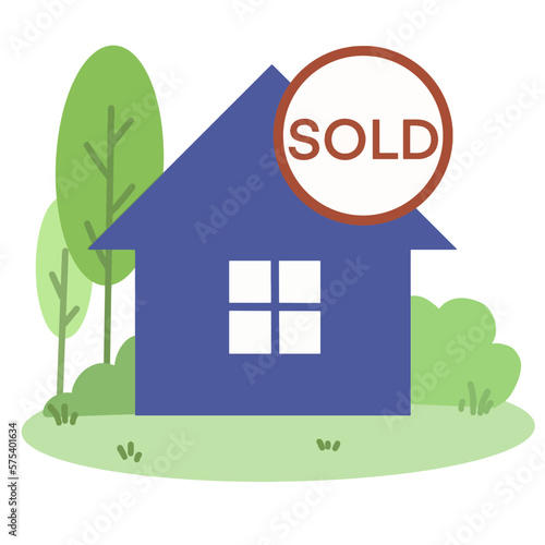 A house with a garden has been advertised sold, the house has a sold sign posted in front of the house, a house with sold sign in flat illustration for real estate concept.