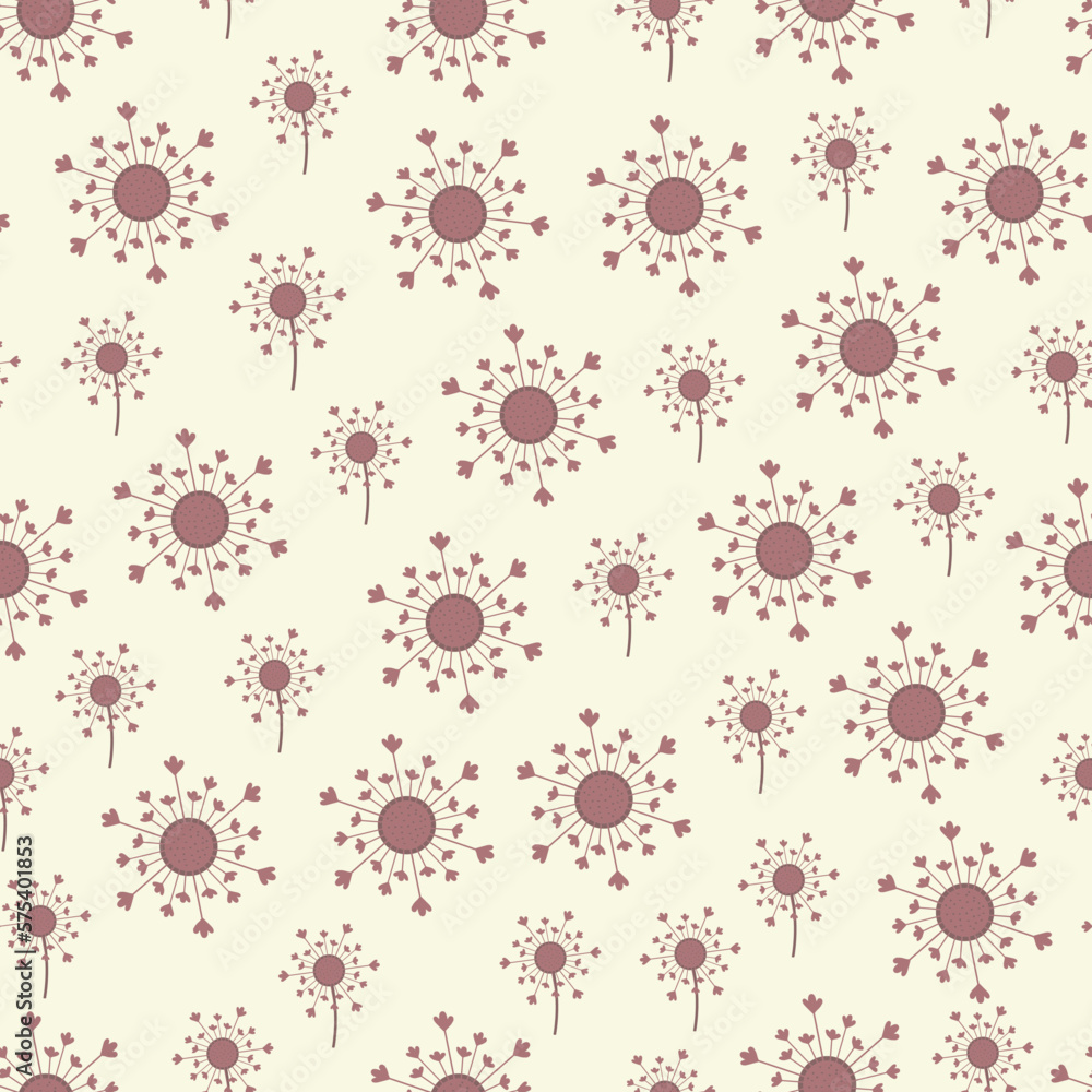Dainty floral seamless surface pattern design. Allover pattern of abstract dandelion flowers. Tileable foliage background
