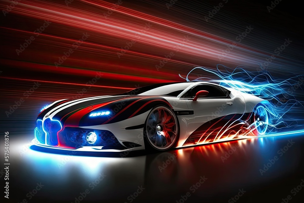 Flashing lights and blurry motion of a high end sports automobile at high speeds (non existent car design, full generic) ,. Generative AI