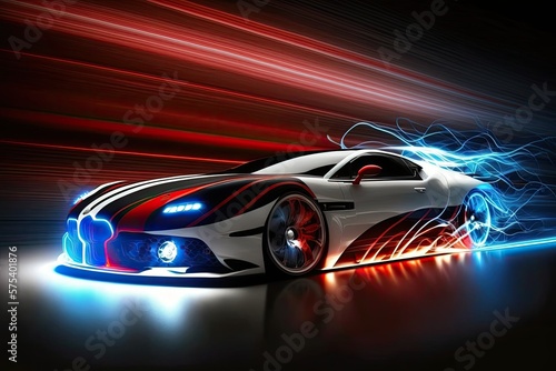 Flashing lights and blurry motion of a high end sports automobile at high speeds (non existent car design, full generic) ,. Generative AI
