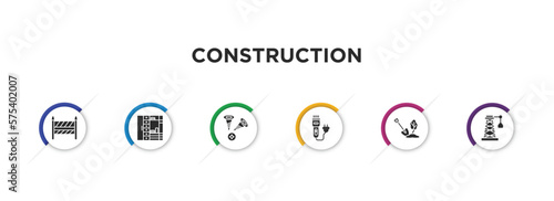 construction filled icons with infographic template. glyph icons such as road barrier, big clo, two screws, clippers, big shovel, derrick with boxes vector.