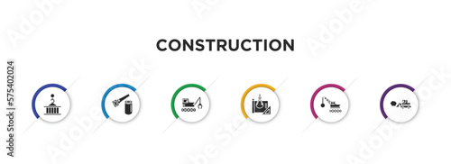 construction filled icons with infographic template. glyph icons such as derrick with pallet, wood saw, derrick with tong, construction plan, derrick ball, little snowplow vector.