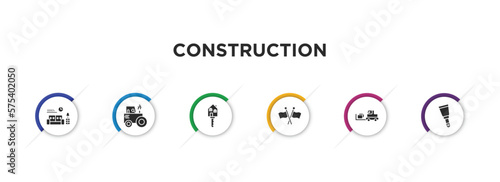 construction filled icons with infographic template. glyph icons such as interior de, steamroller, home key, flags crossed, trolley truck, scraper vector.