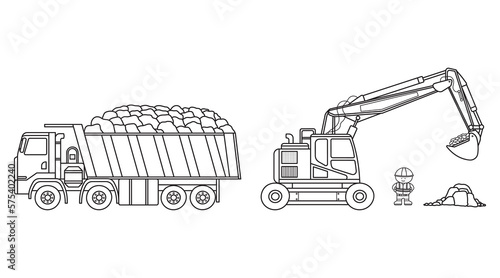 Hand drawn Vector illustration color children construction site with excavator dump truck carrying rocks and construction worker clipart