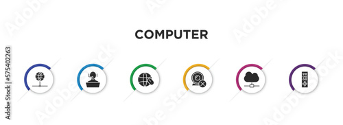 computer filled icons with infographic template. glyph icons such as internet server, online support, surfing the net, webcam disconnected, cloud network, tv remote vector.