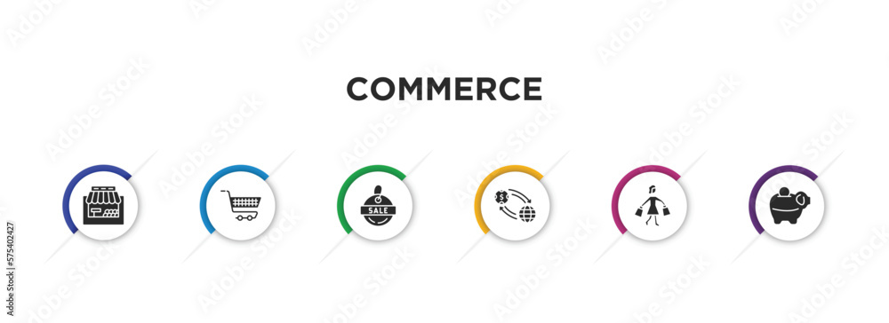 commerce filled icons with infographic template. glyph icons such as grocery store, supermarket cart, sale label, trading, shopper, piggy bank with coin vector. commerce filled icons with infographic template. glyph icons such as grocery store, supermarket cart, sale label, trading, shopper, piggy bank with coin vector.