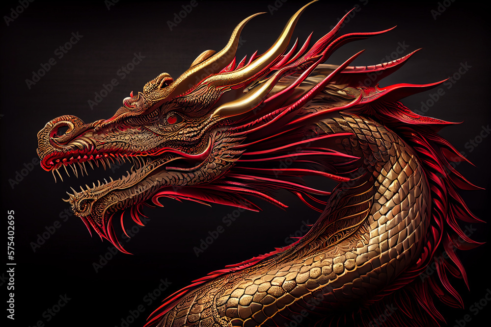 A dragon with gold and red colors is on a dark background. Generative ai A dragon with gold and red colors is on a dark background. Generative ai