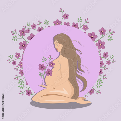 Beautiful pregnant blond hair woman in yoga pose at floral background 