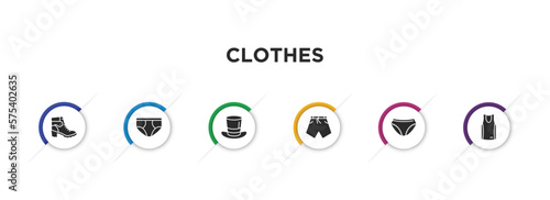 clothes filled icons with infographic template. glyph icons such as danica shoes, briefs, top hat, swim shorts, panties, basketball jersey vector.