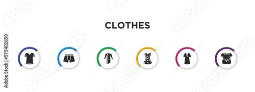 clothes filled icons with infographic template. glyph icons such as t shirt, boxers, kurta, cor, kaftan, blouse vector.