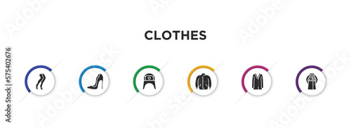 clothes filled icons with infographic template. glyph icons such as stockings, high heel, ushanka, parka, cardigan, trench coat vector.