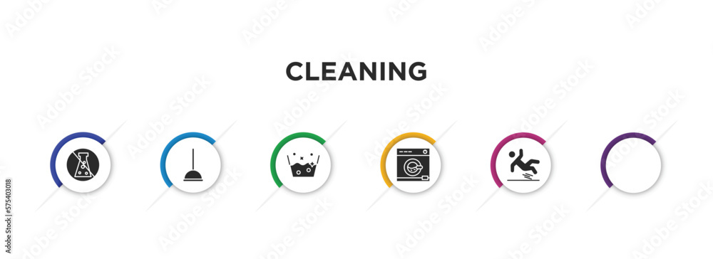 cleaning filled icons with infographic template. glyph icons such as preservatives, mop, soak, cleaner uniform, washing clothes, slippery vector. cleaning filled icons with infographic template. glyph icons such as preservatives, mop, soak, cleaner uniform, washing clothes, slippery vector.