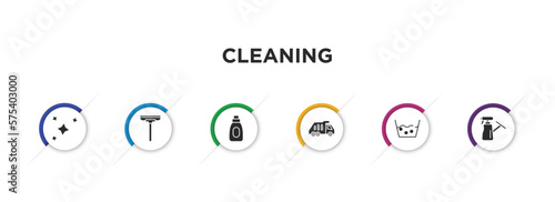 cleaning filled icons with infographic template. glyph icons such as clean, wiper, stain remover, garbage truck, wash, wet floor vector. photo
