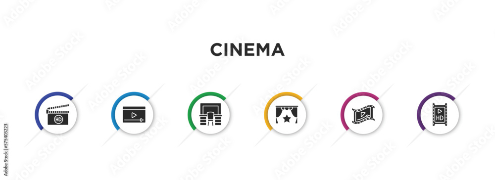 cinema filled icons with infographic template. glyph icons such as hd, online movie, dressing room, premiere, video clip, hd movie vector.