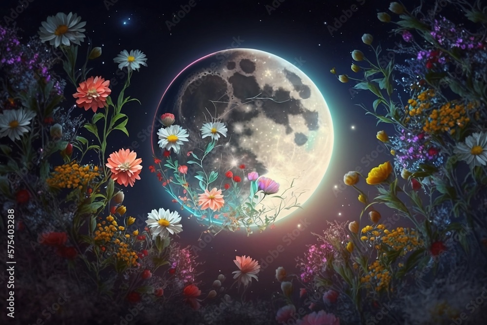 Full Moon Flowers Wallpaper Generative AI ilustración de Stock | Adobe