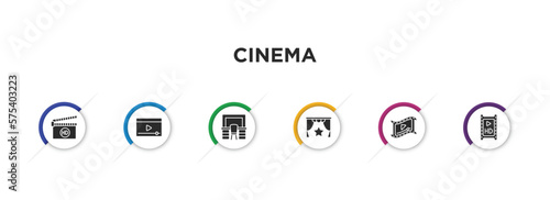 cinema filled icons with infographic template. glyph icons such as hd, online movie, dressing room, premiere, video clip, hd movie vector.