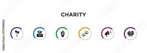 charity filled icons with infographic template. glyph icons such as ballons, cash box, charity, dog pawprint, loudspeaker, charity food vector.