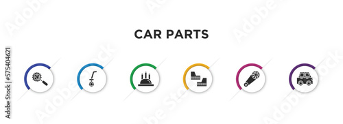 car parts filled icons with infographic template. glyph icons such as car crank, car dipstick, distributor cap, mud flap, camshaft, hard top vector.